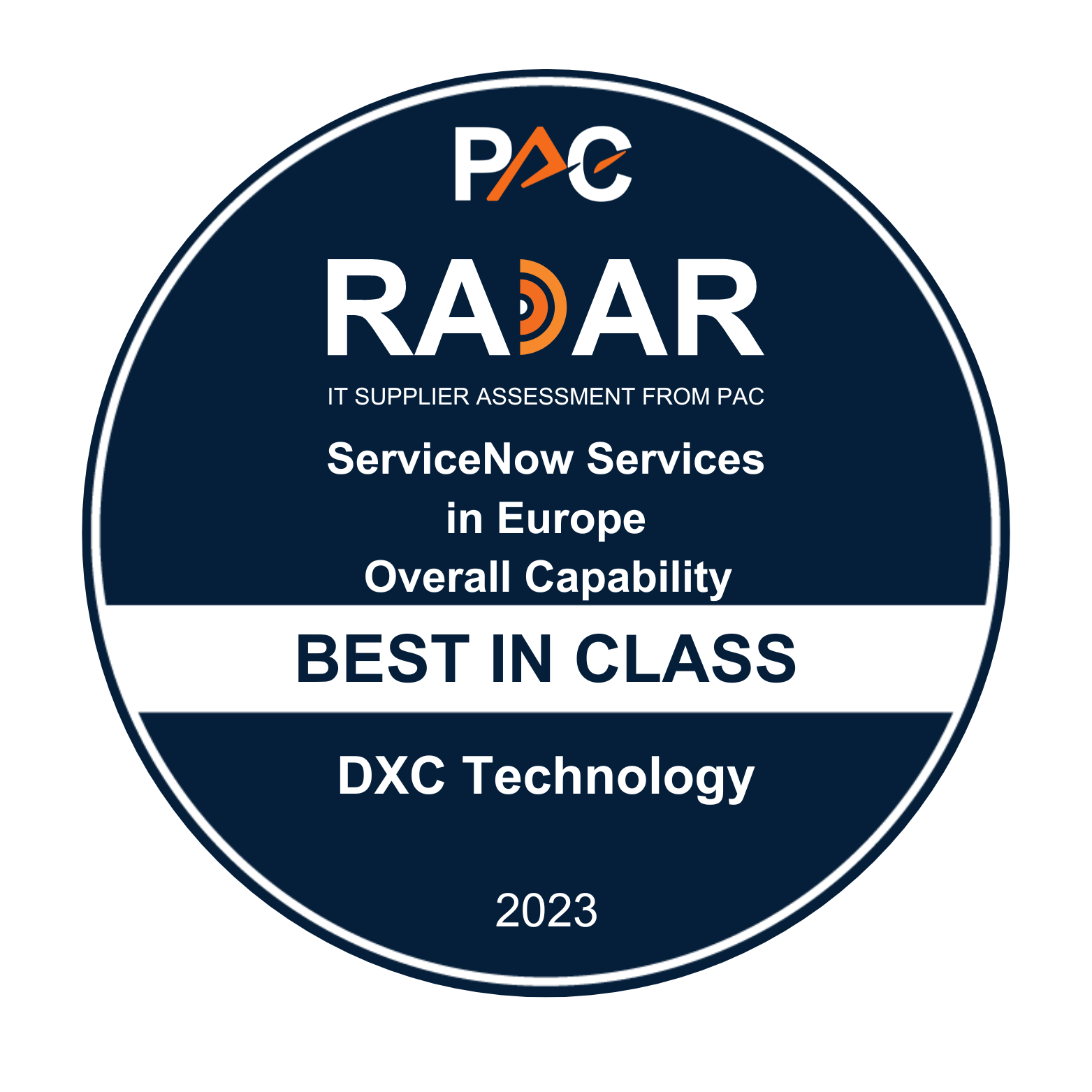 2023 PAC RADAR awards badge, Best-in-Class for ServiceNow services in Europe | DXC Technology